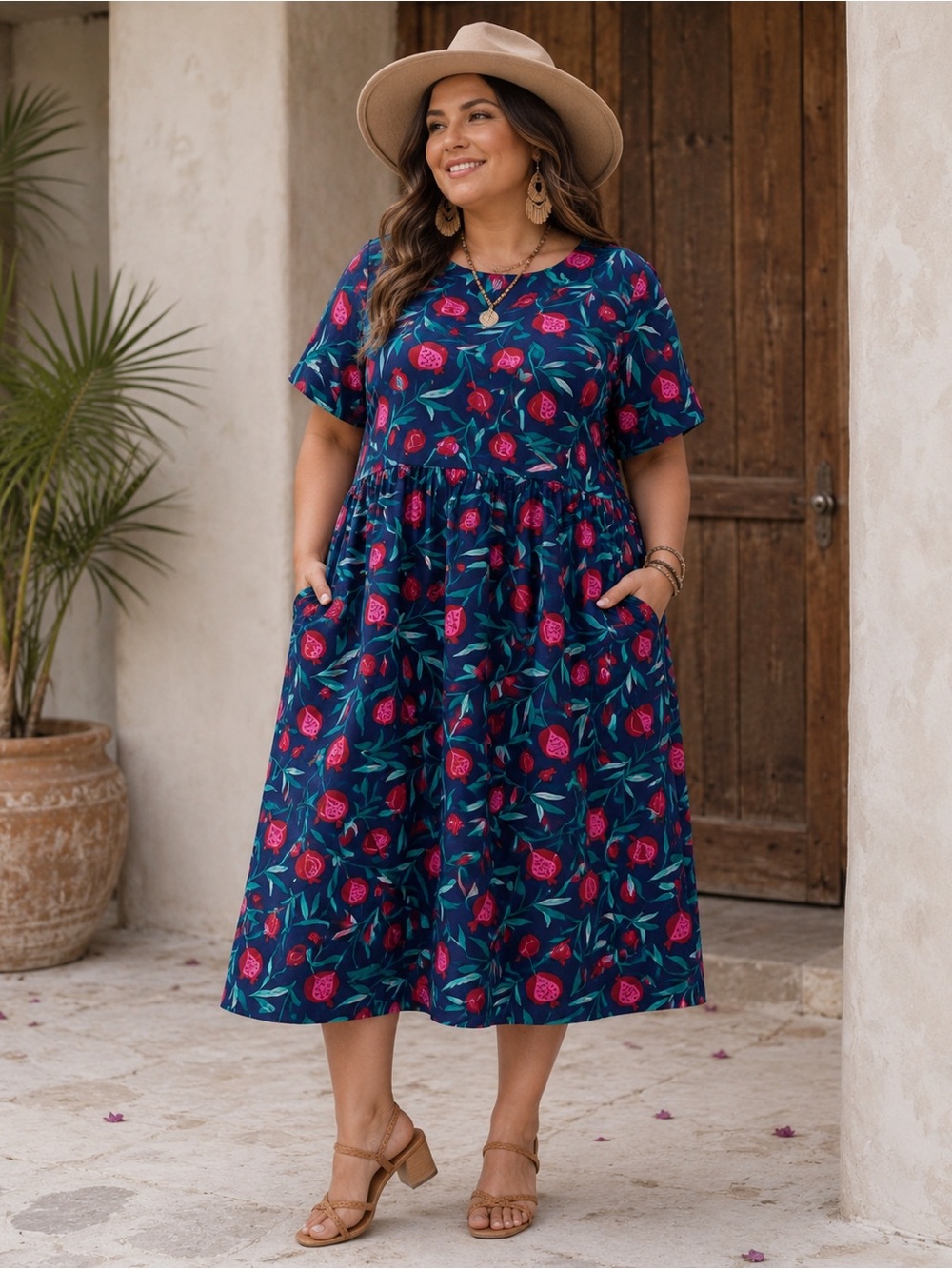 NWT Karma East Pomegranate Print Midi Dress Navy Pink Teal Cotton Size 3XL